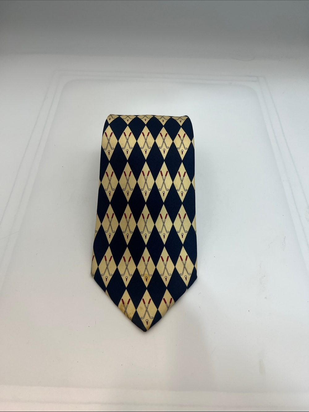 Vintage Landsโ End Silk Golf Tie Argyle Clubs Navy USA Made